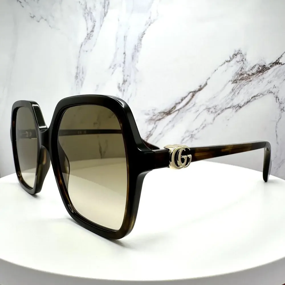 New GUCCI Sunglasses Brown Square Oversized Gold Metal GG Logo 56mm